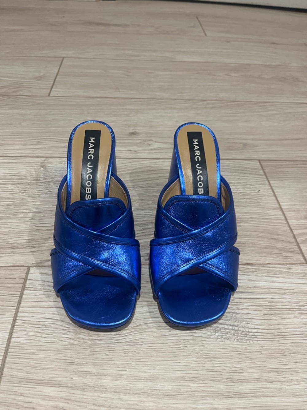 Marc Jacobs Metallic Electric Blue Crisscross Slide Mules
